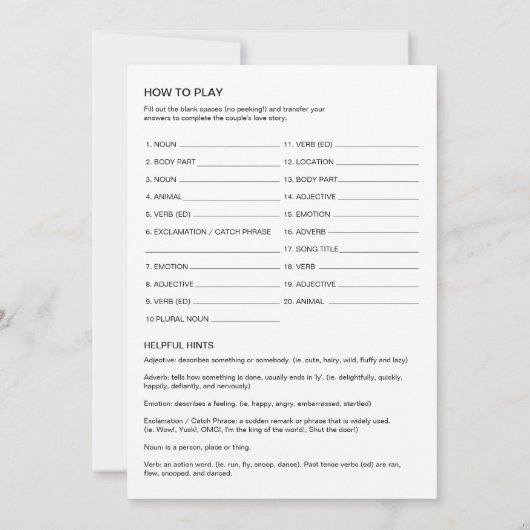 Fête des mariées HARLOW Libs, Remplissez la carte (Dos)