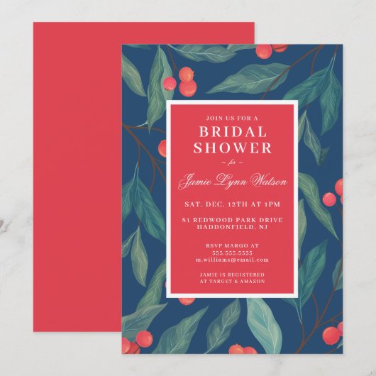 Fête des mariées | Invitation Holiday Holly & Berr (Devant / Derrière)