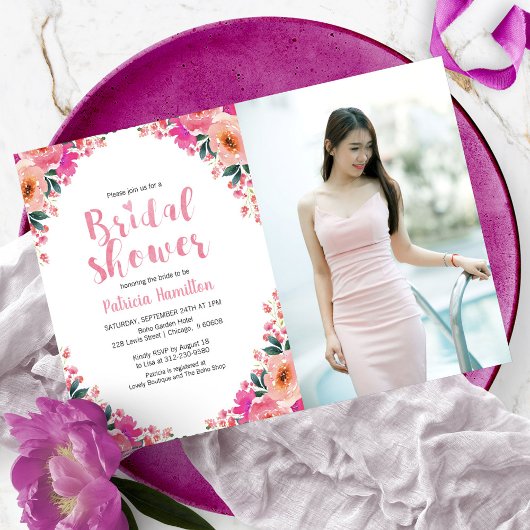 Fête des mariées Photo Invitations Floral Aquarell