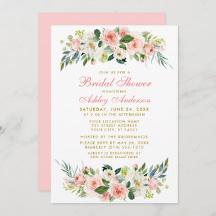 Fête des mariées Rose Blanc Floral Gold Invitation