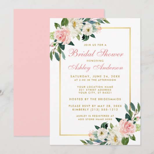 Fête des mariées Rose Blanc Or Floral Invitation G (Devant / Derrière)