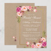 Fête des mariées Rose Floral Or Kraft Invitation (Devant / Derrière)