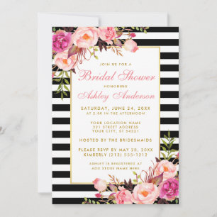 Fête des mariées rose floral or rayé Invitation P