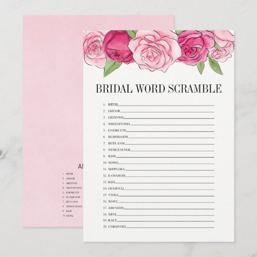 Fête des mariées rose Roses Word Scramble Carte de (Devant / Derrière)