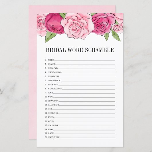 Fête des mariées rose Roses Word Scramble Carte de (Devant / Derrière)