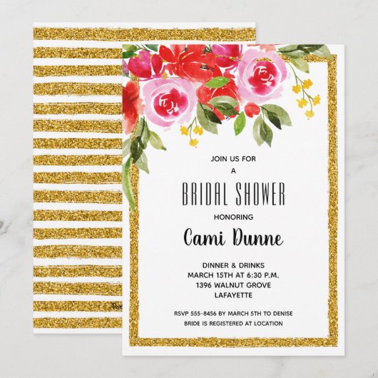 Fête des mariées rose rouge floral Invitations Par (Devant / Derrière)