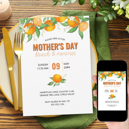 Fête des mères Brunch Citrus Oranges Invitation