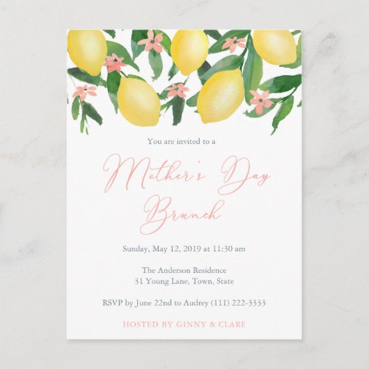 Fête des mères Invitations de brunch, citrons et a (Devant)