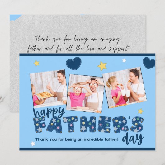 Fête des pères bleue Invitation avec photos de fam (Devant / Derrière)