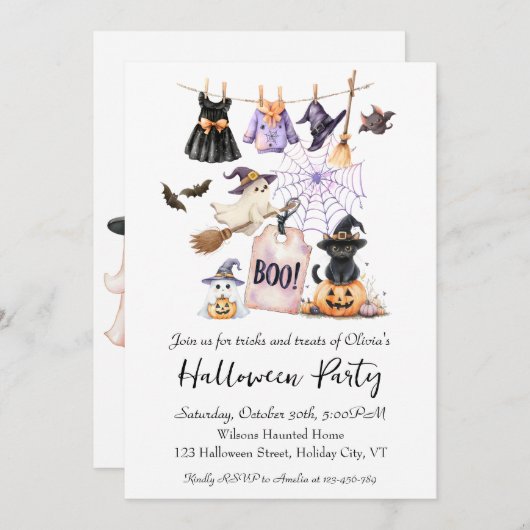 Fête d'Halloween Whimsical Invitation Cute Cat (Devant / Derrière)