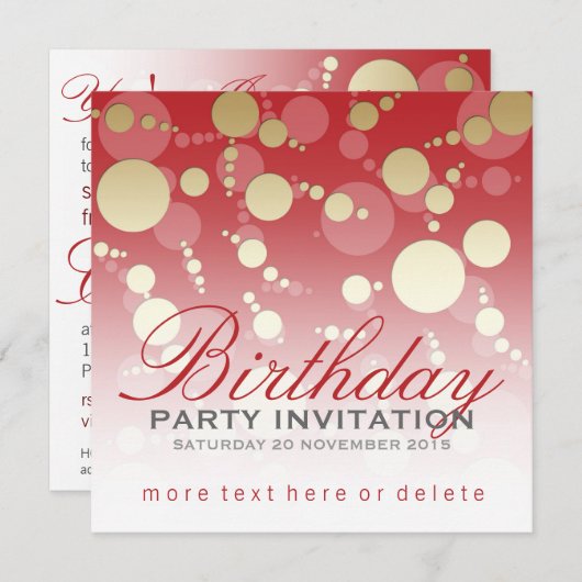 Fête d'or rouge funky moderne Invitations d'annive (Devant / Derrière)