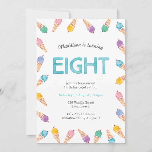 Fête du 8e anniversaire | Invitation à la crème gl (Devant)