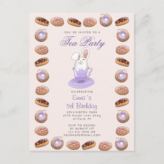 fête du thé d'anniversaire invitation lapin et bei (Devant)