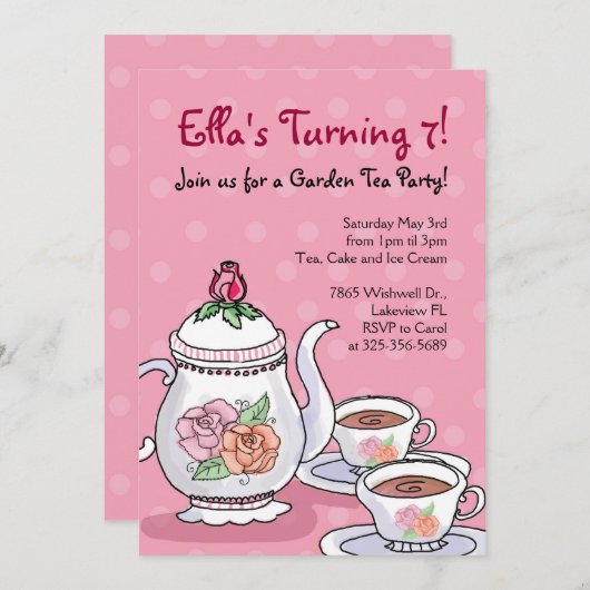 Fête du Thé de Fille Invitations d'anniversaire th (Devant / Derrière)
