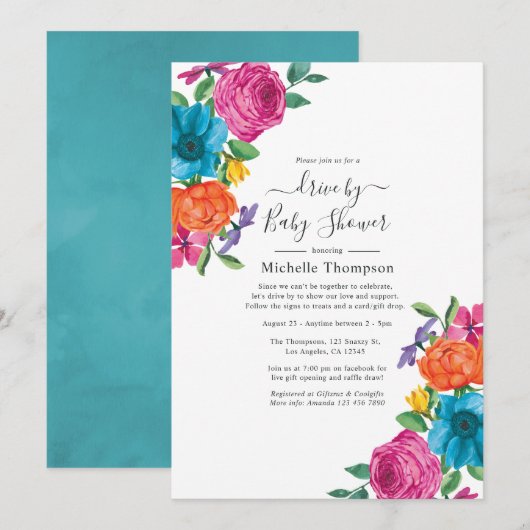 Fête florale à l'aquarelle Invitation pour une dou (Devant / Derrière)