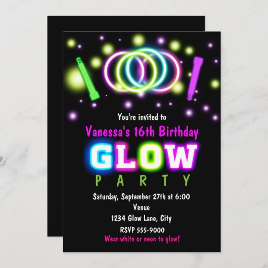 FÊTE GLOW Anniversaire Neon Black Light Invitation (Devant / Derrière)