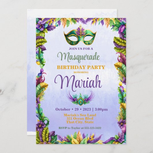 Fête Masquerade Invitation Anniversaire (Devant / Derrière)