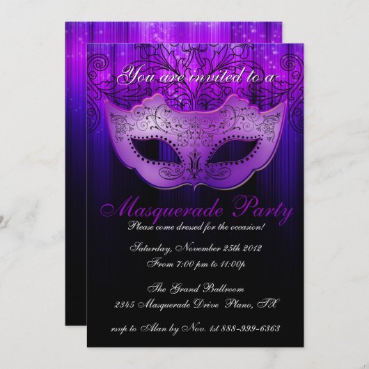 Fête Masquerade Invitation bleu & violet (Devant / Derrière)