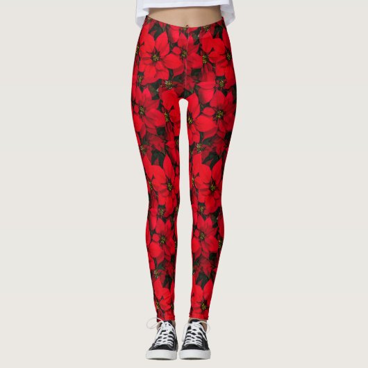 Fête Noël Fleur Rouge Poinsettia Leggings (Devant)