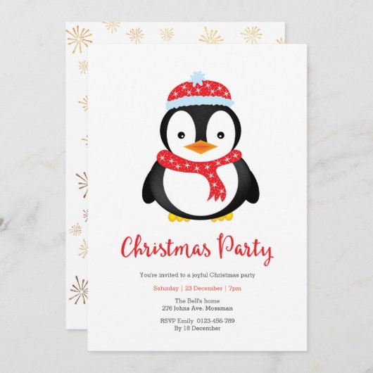 Fête Noël Invitation | Pingouin mignon (Devant / Derrière)