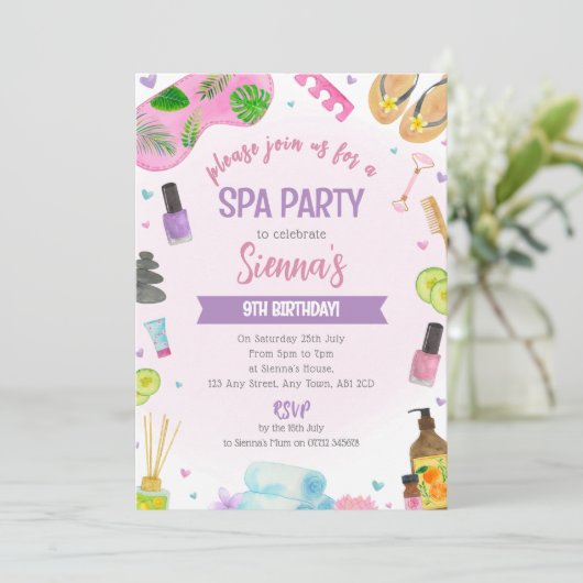 Fête Spa rose Anniversaire Invitation Pamper & Rel (Debout devant)