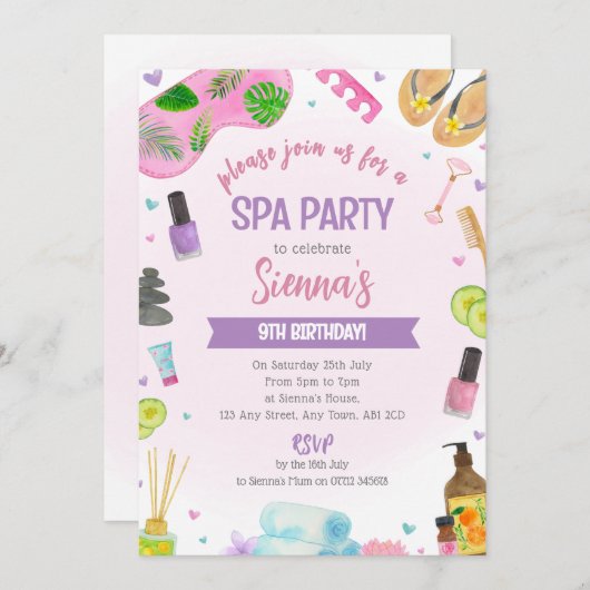 Fête Spa rose Anniversaire Invitation Pamper & Rel (Devant / Derrière)