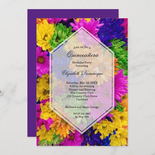 Fêtes colorées Quinceañera Invitations d'anniversa (Devant / Derrière)