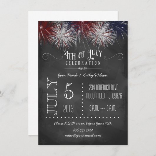 Feu d'artifice Chalkboard 4 juillet Invitation du  (Devant / Derrière)