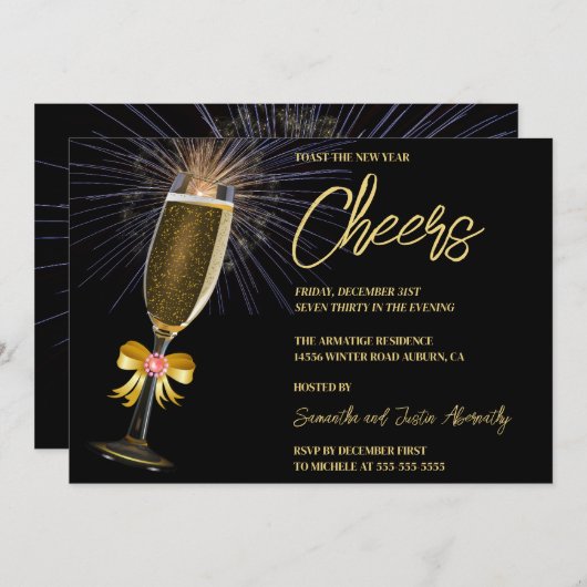 Feu d'artifice et Bubbly Nouvel An Invitation (Devant / Derrière)