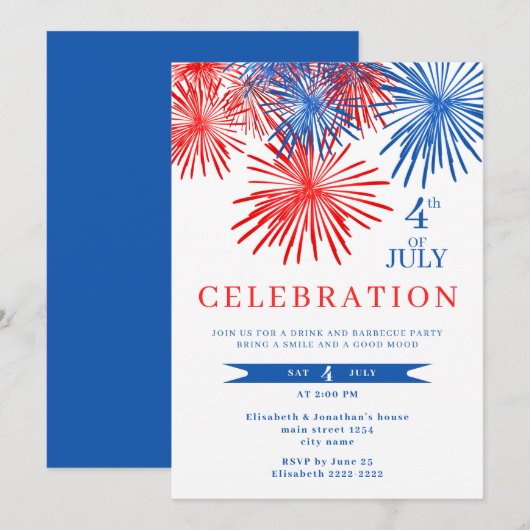 Feu Rouge Et Bleu 4 juillet Invitations (Devant / Derrière)