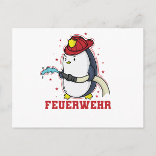 Feuerwehr Pinguin mit Feuerwehrhelm und Schlauch Briefkaart
