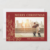 Feuillage doré carte de Noël burgundy Joyeux Noël (Devant)