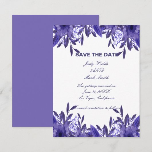 Feuillage Floral Bleu Violet Enregistrer La Carte  (Devant / Derrière)