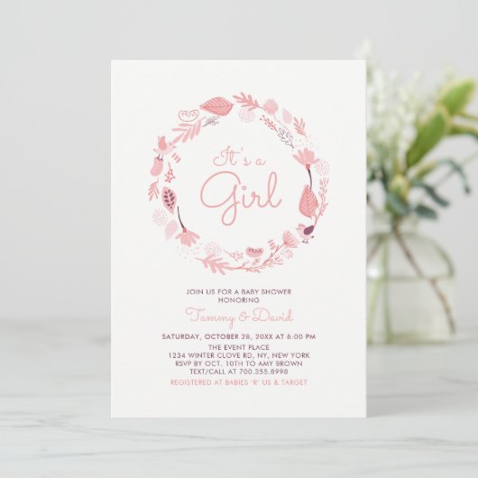 Feuillage rose | Invitation Baby shower fille mign (Debout devant)