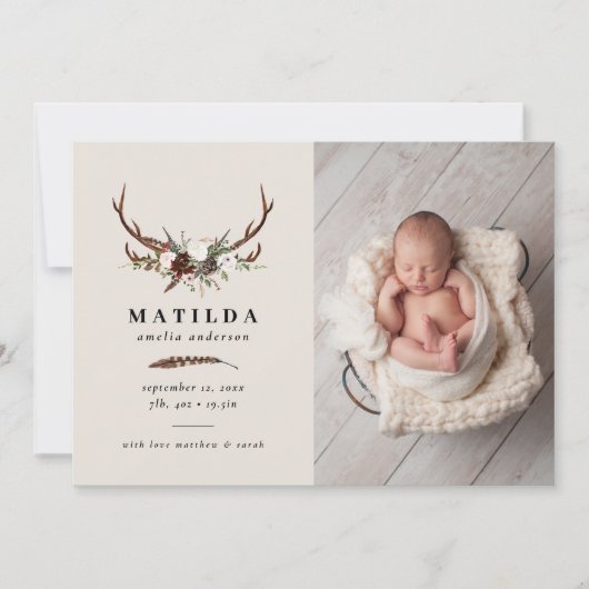 Feuillage rustique, faire-part de naissance fleuri (Devant)