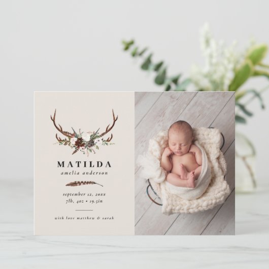 Feuillage rustique, faire-part de naissance fleuri (Debout devant)