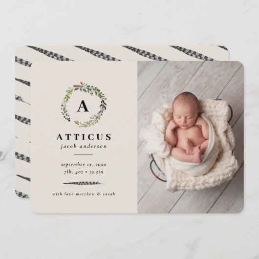 Feuillage rustique, faire-part de naissance fleuri (Devant / Derrière)