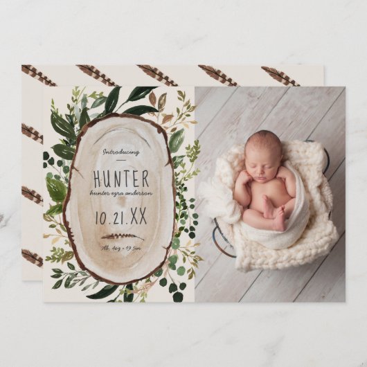 Feuillage rustique, faire-part de naissance fleuri (Devant / Derrière)