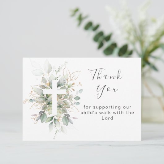 Feuillage vert Baptême Carte de remerciements plat (Debout devant)
