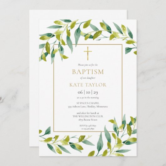Feuillage vert Baptême Christening Invitation (Devant / Derrière)