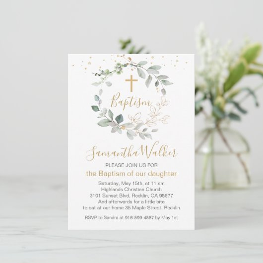 Feuillage vert et or Baptême Invitation (Debout devant)