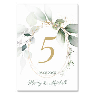 Feuillage vert et or, numéro de table Mariage