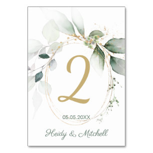 Feuillage vert et or, numéro de table Mariage
