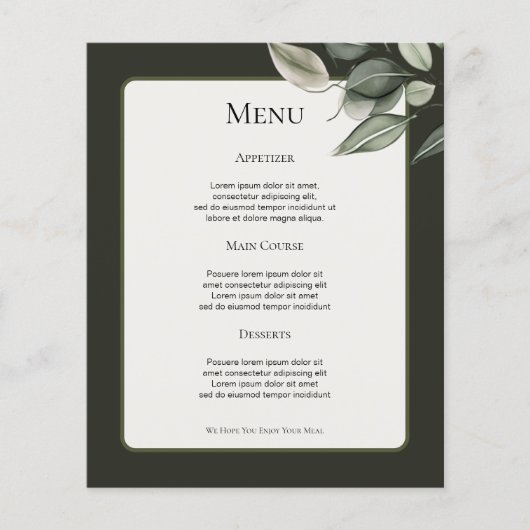 Feuillage vert Muet Menu Mariage personnalisé (Devant)
