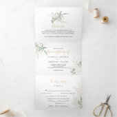 Feuillage vert or triple Faire-part de mariage (Intérieur)