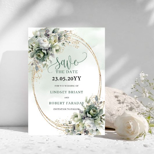 Feuillage vert poussiéreux aquarelle Save The Date