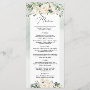 Feuillage vert Roses blanches Boho Menu Mariage
