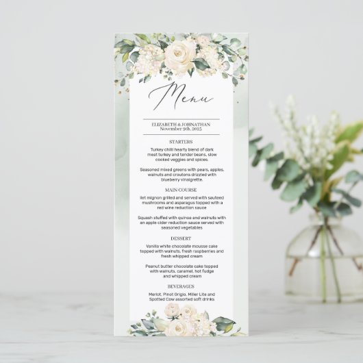 Feuillage vert Roses blanches Boho Menu Mariage (Debout devant)