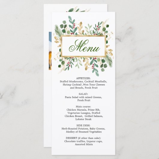 Feuillage vert Rouge Berry Mariage Menu Noël (Devant / Derrière)