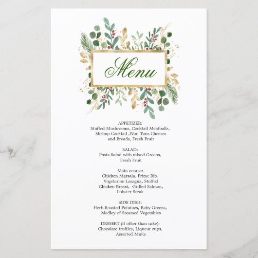 Feuillage vert Rouge Berry Mariage Menu Noël (Devant)